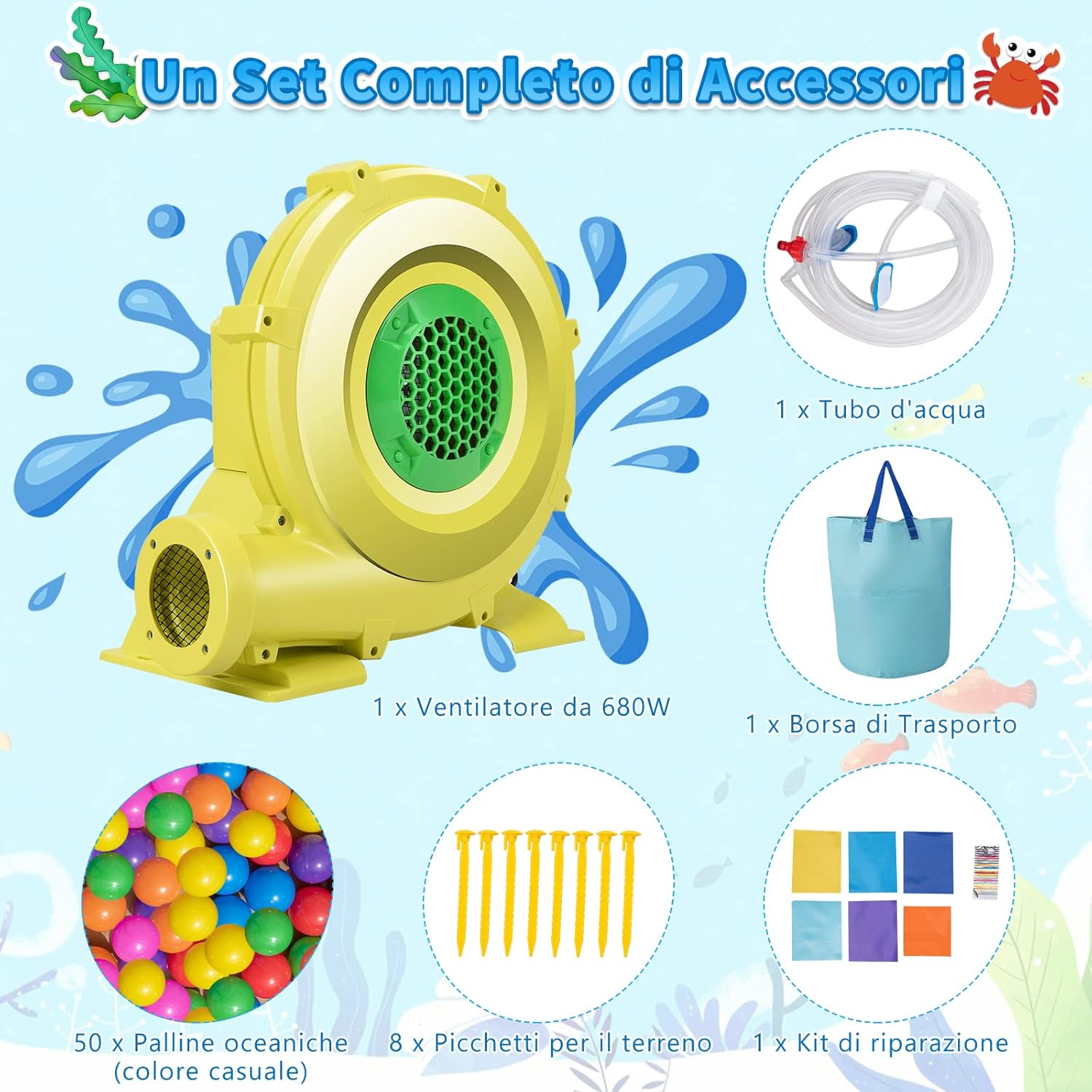 Castello Gonfiabile Oceananico con Soffiatore 680W, Parco Acquatico per Bambini con 2 Piscine e 50 Palline, Scivolo, Trampolino, Canestro da Basket, Cannone ad Acqua, 490x290x220 cm