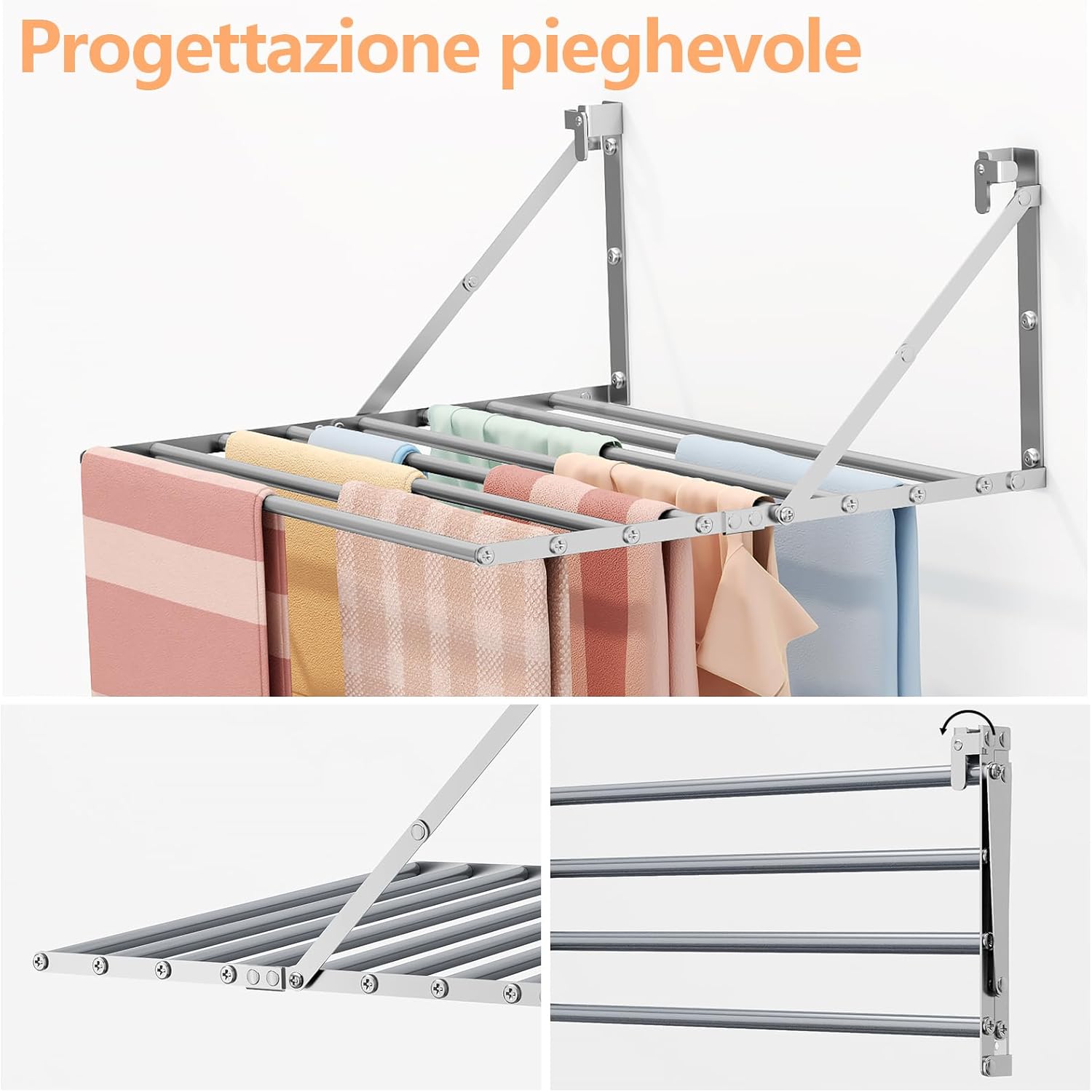 Stendibiancheria da Parete Pieghevole Antiruggine Resistente Stendino da Esterno o Interni, Salvaspazio Stendino per Balcone Bagn, con 8 Asticelle, 60cm