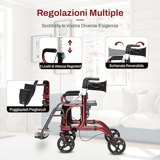 Deambulatore 2 in 1 per Anziani in Alluminio, Rollator Pieghevole e Regolabile in Altezza con Sedia, Schienale Reversibile, Manici Regolabili, Ruote, Poggiapiedi e Borsa Rimovibile (Rosso)