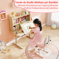 Scrivania per Bambini 3+ Anni, Tavolo da Studio Regolabile in Altezza con Libreria e Cassetto, Piano Inclinabile, Mensole, Leggio e Portapenne, Scrivania per Studiare (Rosa)