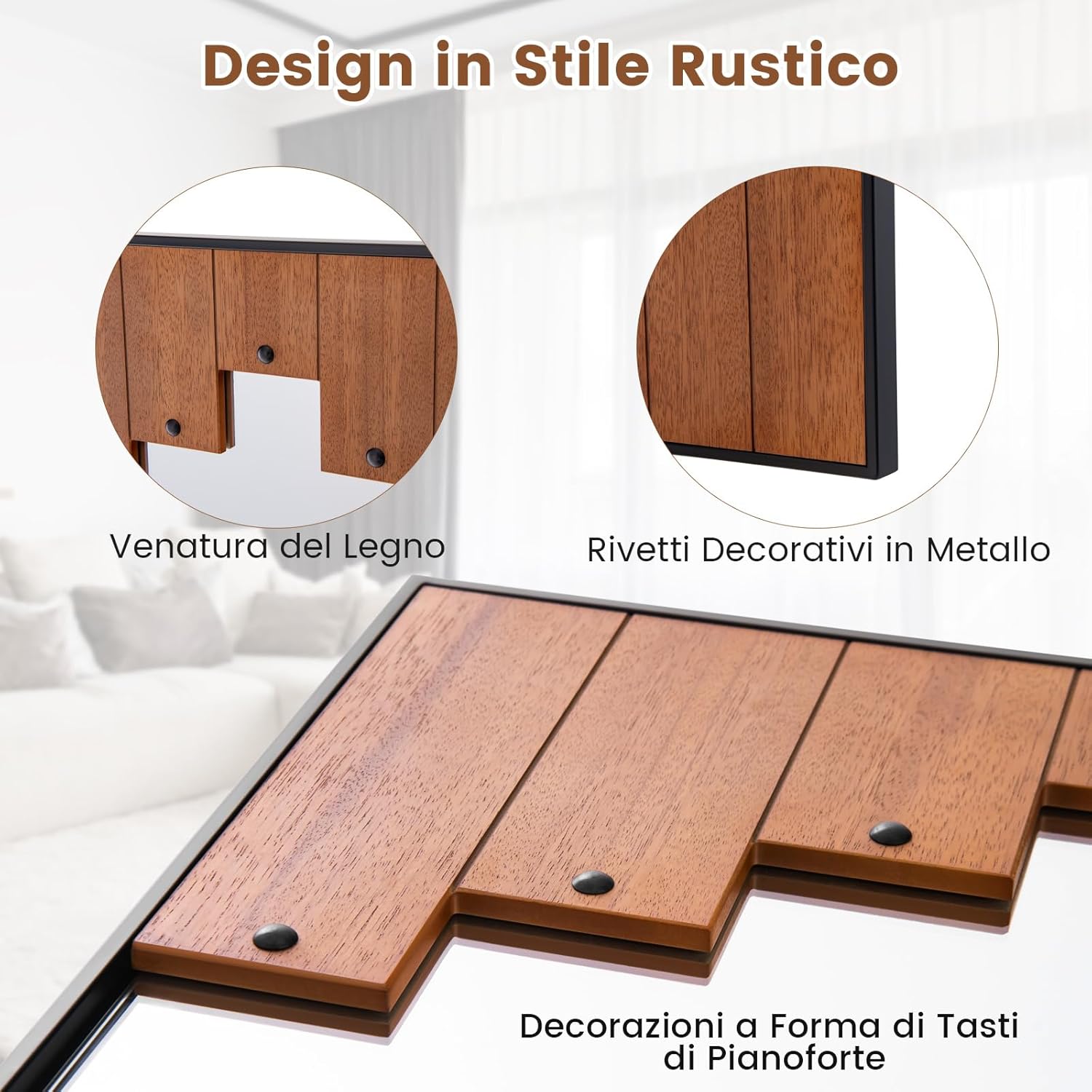 Specchio da Parete Rettangolare 66x100 cm, Specchio da Bagno con Cornice a Tastiera di Pianoforte, Gancio Bidirezionale, Specchio Moderno per Soggiorno Camera da Letto Ingresso