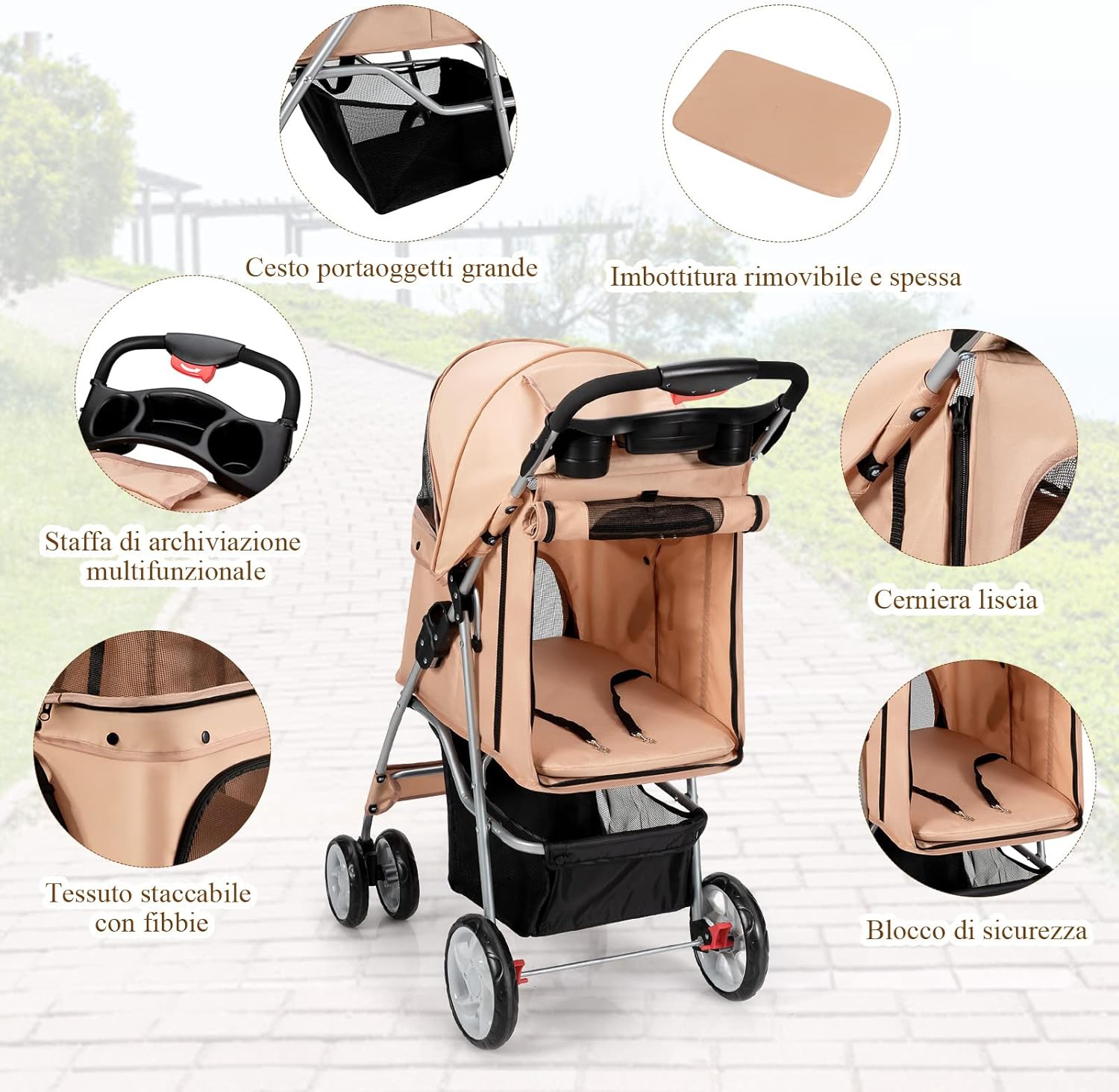 Passeggino per Cani Pieghevole, Carrozzina per Cani a 4 Ruote con Finestra a Rete Porta Bicchiere e Cesto, Passeggino Portatile per Animali Piccola e Media (Beige)