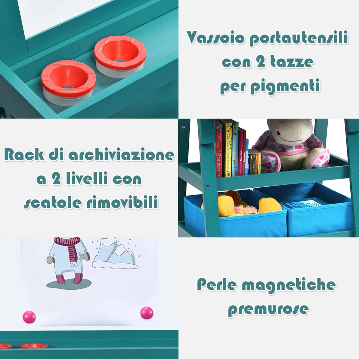 3 in 1 Cavalletto per Bambini con Doppia Faccia, Cavalletto per Disegno con 2 Vassoi e 2 Scatole, Lavagna Bambini in Legno (Blu)