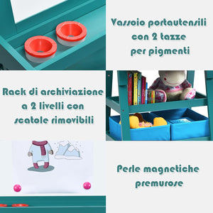 3 in 1 Cavalletto per Bambini con Doppia Faccia, Cavalletto per Disegno con 2 Vassoi e 2 Scatole, Lavagna Bambini in Legno (Blu)