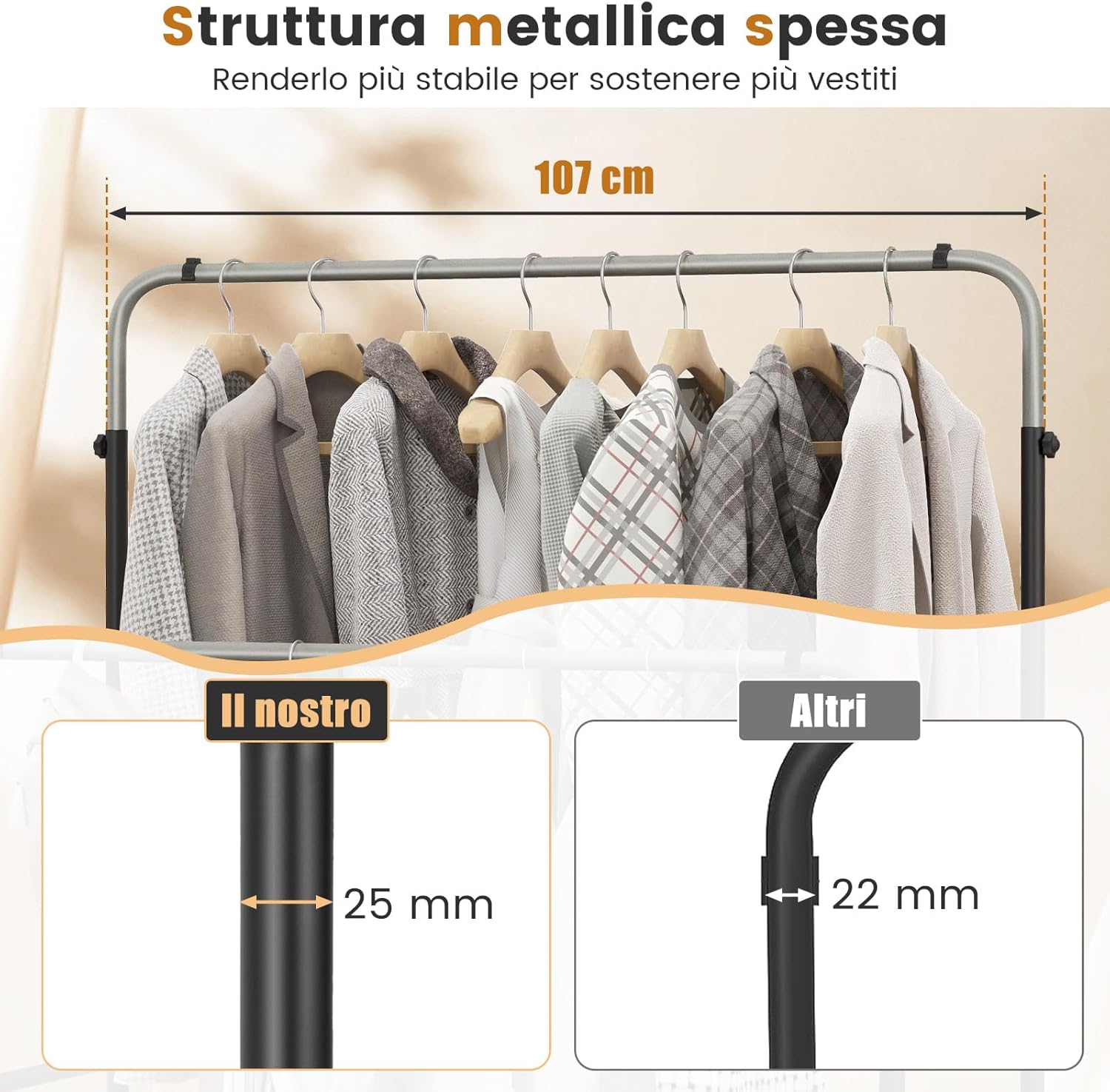 Stand Appendiabiti in Metallo, Doppio Asta Appendiabiti con Altezze Regolabili, Porta Abiti per Camera da Letto, 108x50x120/125 cm
