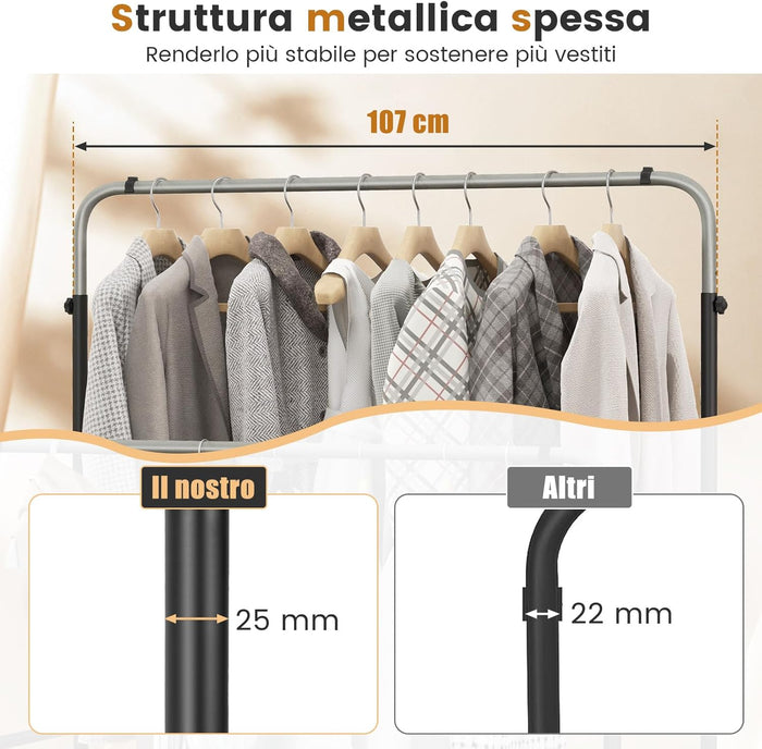 Stand Appendiabiti in Metallo, Doppio Asta Appendiabiti con Altezze Regolabili, Porta Abiti per Camera da Letto, 108x50x120/125 cm