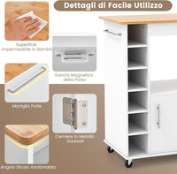 Carrello da Cucina con Ruote, Isola da Cucina con Scomparti Portabottiglie a 6 Scomparti, Portaspezie e Portasciugamani, 76x44x89 cm