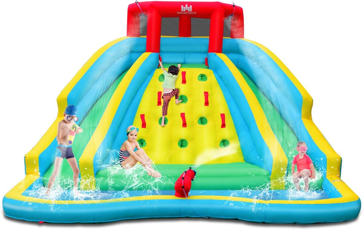 Castello Gonfiabile per Bambini, Parco Acquatico Gonfiabile con 2 Scivoli, Piscina, Parete di Arrampicata, Cannone, Borsa di Trasporto e Kit di Riparazione, 452x362x228 cm (Senza Soffiatore)