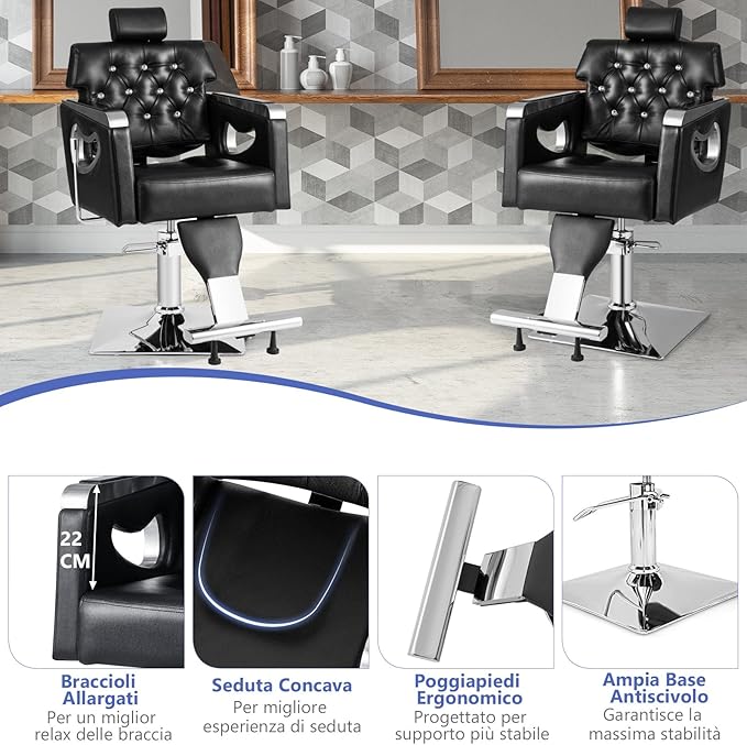 Poltrona da Barbiere Girevole, Attrezzatura Spa con Schienale Imbottito, Poggiatesta Regolabile a 6 Livelli, Pompa Idraulica Pesante, Portata 150 kg, Nero