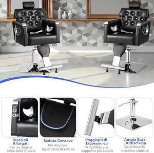 Poltrona da Barbiere Girevole, Attrezzatura Spa con Schienale Imbottito, Poggiatesta Regolabile a 6 Livelli, Pompa Idraulica Pesante, Portata 150 kg, Nero