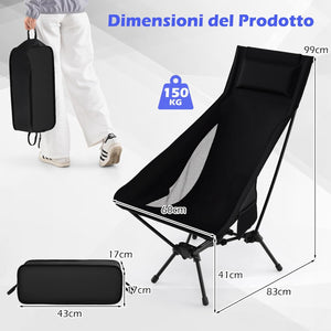 Sedia da Campeggio Portatile, Sedia Ergonomica Pieghevole da Zaino con Schienale Alto, Braccioli, Cusino e Borsa da Trasporto, Poltrona da Esterno per Spiaggia e Picnic, Portata 150 kg
