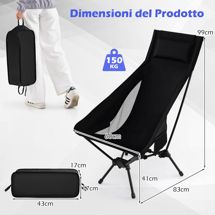 Sedia da Campeggio Portatile, Sedia Ergonomica Pieghevole da Zaino con Schienale Alto, Braccioli, Cusino e Borsa da Trasporto, Poltrona da Esterno per Spiaggia e Picnic, Portata 150 kg