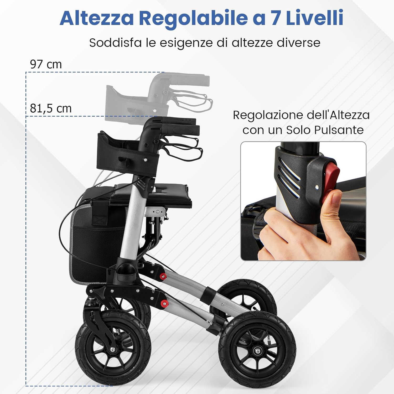 Deambulatore Pieghevole per Anziani in Alluminio, Rollator Regolabile in Altezza con Seduta, Schienale e Freni, Girello per Anziani con Borsetta, Carico Massimo 140 kg (Argento)