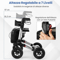 Deambulatore Pieghevole per Anziani in Alluminio, Rollator Regolabile in Altezza con Seduta, Schienale e Freni, Girello per Anziani con Borsetta, Carico Massimo 140 kg (Argento)