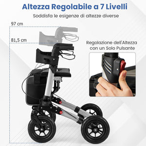 Deambulatore Pieghevole per Anziani in Alluminio, Rollator Regolabile in Altezza con Seduta, Schienale e Freni, Girello per Anziani con Borsetta, Carico Massimo 140 kg (Argento)