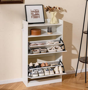 Scarpiera Slim in Legno, Portascarpe a 4 Livelli con 2 Cassetti a Ribalta, con Ripiano Aperto, Mobile Porta Scarpe per Ingresso Corridoio, 60x24x102 cm (Bianco)