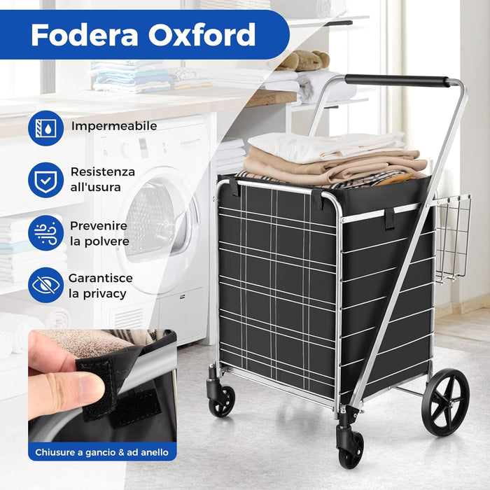 Carrello della Spesa Pieghevole con Sacca, Carrello Portaspesa con Ruote Girevoli a 360°, 2 Cesti, Capacità di Carico: 150 kg, 126 L, 66 x 64 x 103 cm