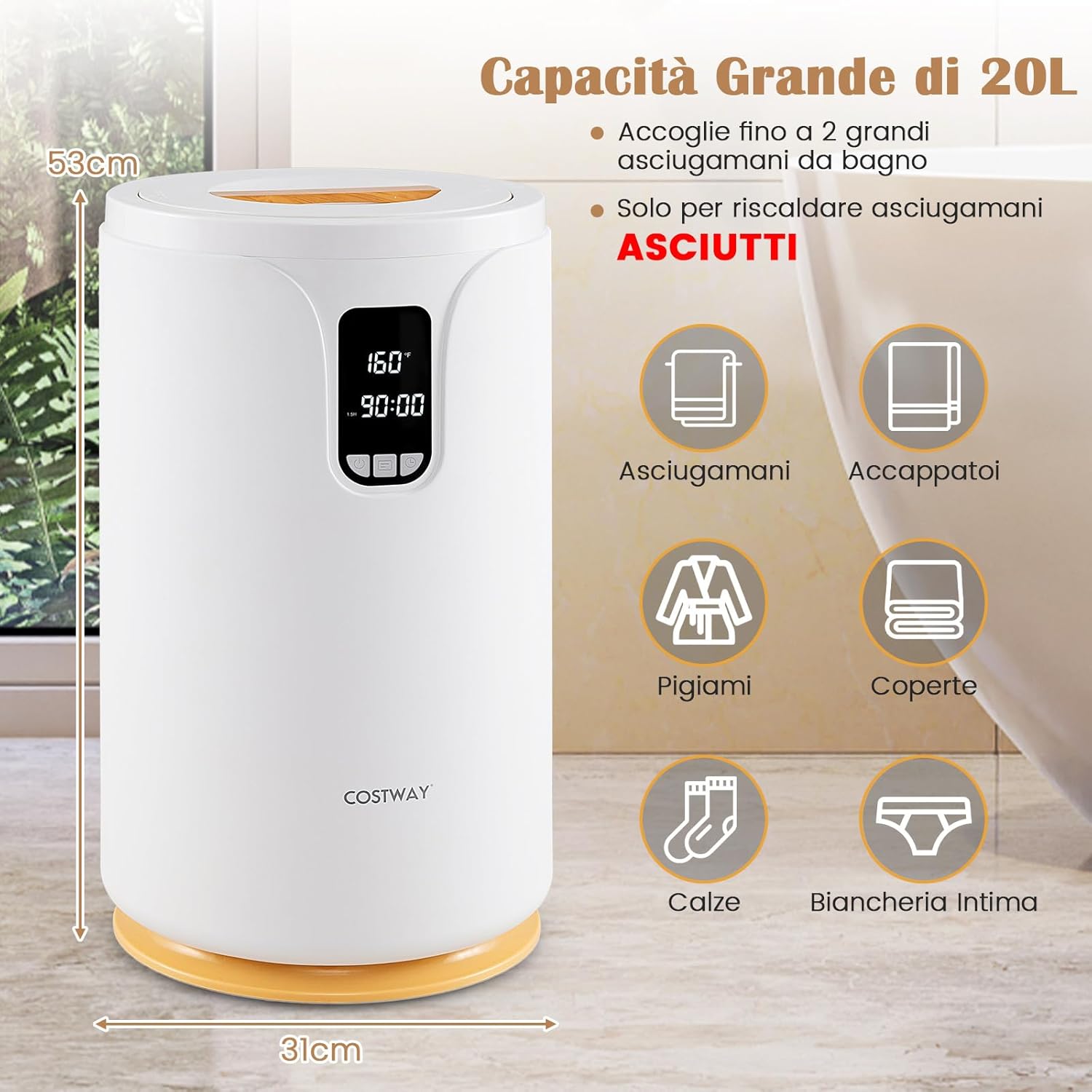 Scaldasalviette Secchio 20L con Luce LED, Secchio Scaldasalviette Elettrico per Bagno e Spa, Scalda Asciugamani con Timer, Blocco per Bambini, per 2 Asciugamani, Bianco