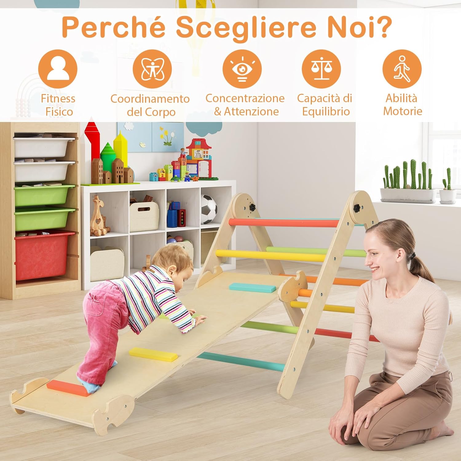 7 in 1 Set di Arrampicate per Bambini, Arrampicatore Pieghevole in Legno con Scivolo Reversibile, Dondolo e Arrampicata, Tavolo e Tunnel, per Bambini 3-14 Anni (Colorato)