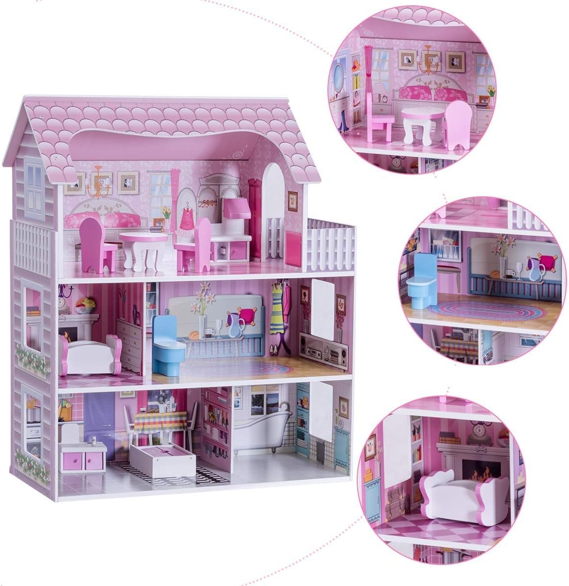 Casa delle Bambole in Legno per Bambina Giocattolo dei Bambini 3 Piani con Mobili e Accessori