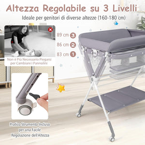 Fasciatoio Neonato Pieghevole, Fasciatoio Portatile con Altezza Regolabile a 3 Livelli, Fasciatoio Neonato con Ruote di Bloccabili, Ripiano, Porta Asciugamani, Cestino di Rifiuti (Grigio)