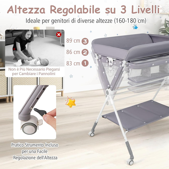 Fasciatoio Neonato Pieghevole, Fasciatoio Portatile con Altezza Regolabile a 3 Livelli, Fasciatoio Neonato con Ruote di Bloccabili, Ripiano, Porta Asciugamani, Cestino di Rifiuti (Grigio)