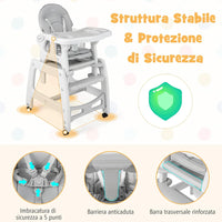 Seggiolone Pappa per Bambini 3 in 1, Seggiolone per Neonati con Vassoio Rimovibile, Cuscino, Schienale Regolabile e Cintura di Sicurezza a 5 Punti, 6-36 Mesi, Capacità 20 kg (Grigio)