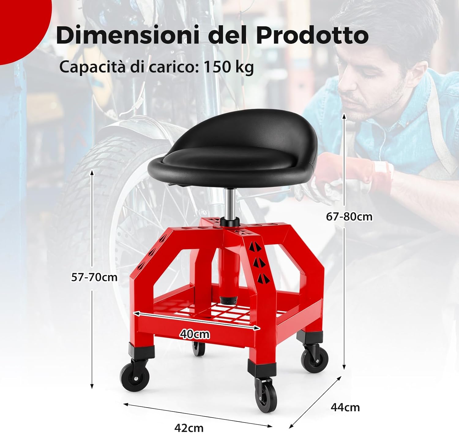 Sgabello da Officina, Sgabello Meccanico Rotante con Vassoio Porta Attrezzi, Regolabile in Altezza e 4 Ruote Universali, capacità di 150 kg, per Garage, Officina (Rosso)