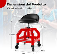 Sgabello da Officina, Sgabello Meccanico Rotante con Vassoio Porta Attrezzi, Regolabile in Altezza e 4 Ruote Universali, capacità di 150 kg, per Garage, Officina (Rosso)