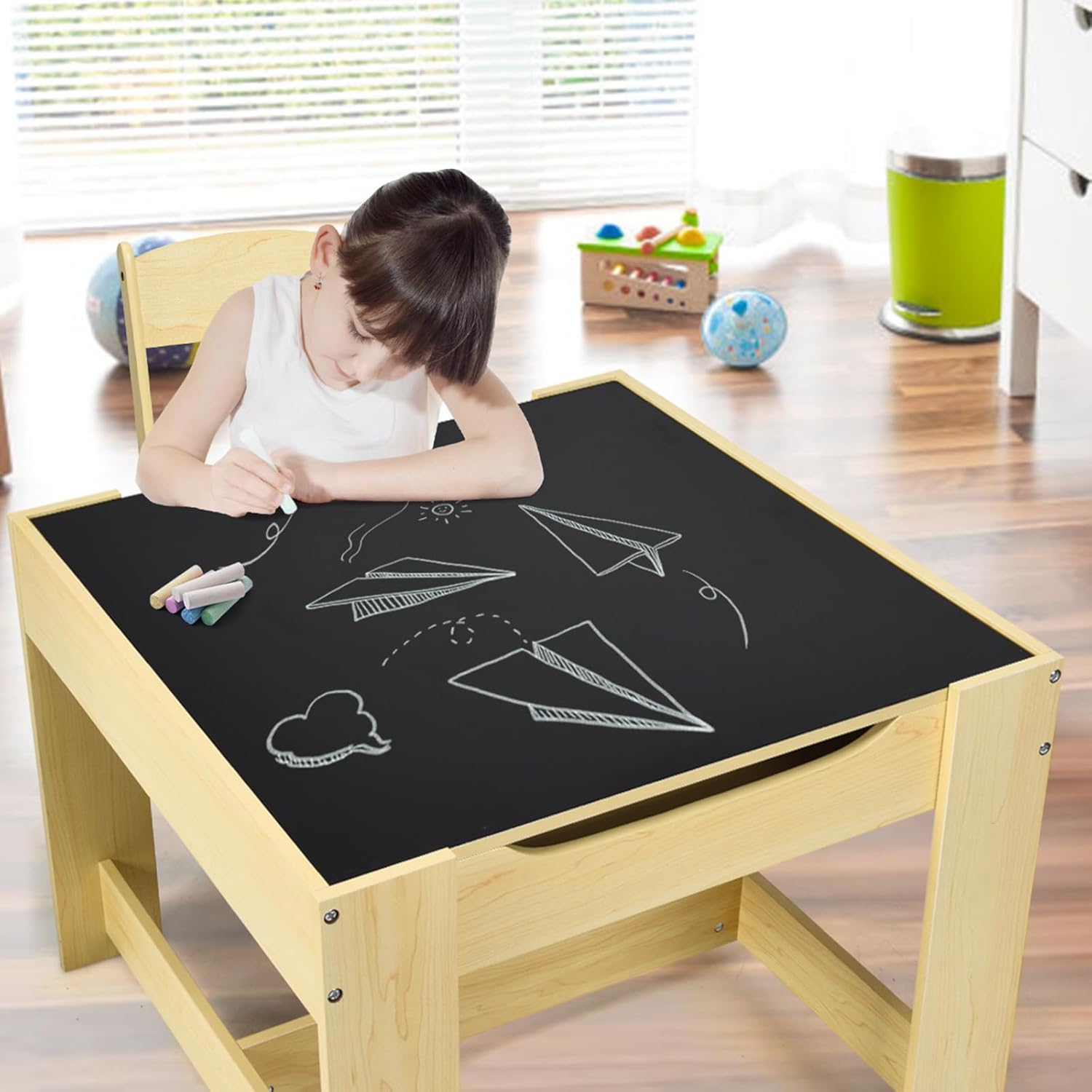 Tavolino Bambini 3 in 1, Set Tavolo e Sedie per Bambini con Lavagna Rimovibile e 2 Sedie con Cestini Portaoggetti, Scrivania Multiuso per Cameretta e Soggiorno (Legno)