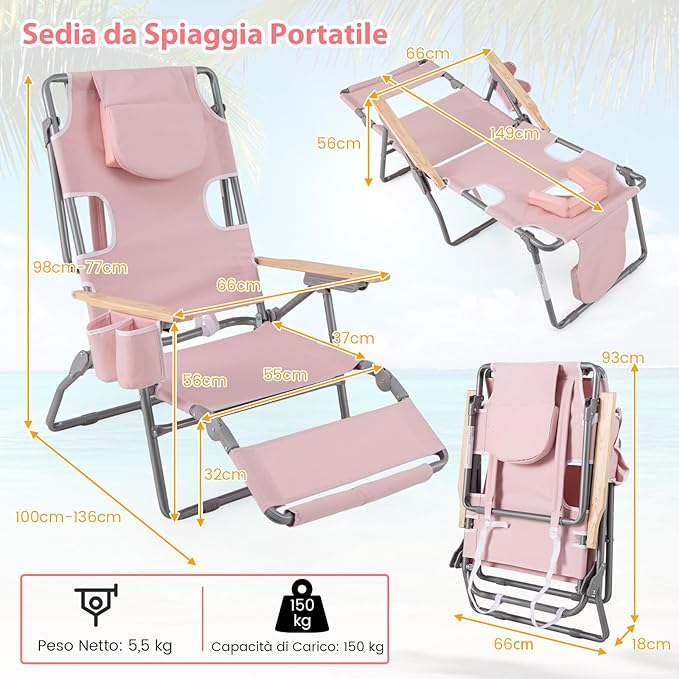 Sedia da Spiaggia Pieghevole 3 in 1, con Foro per il Viso, Poggiapiedi, Schienale Regolabile, Cuscino, Poltrona Prendisole per Spiaggia, Campeggio, Bordo, Piscina, Portata 150 kg (Rosa)