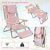 Sedia da Spiaggia Pieghevole 3 in 1, con Foro per il Viso, Poggiapiedi, Schienale Regolabile, Cuscino, Poltrona Prendisole per Spiaggia, Campeggio, Bordo, Piscina, Portata 150 kg (Rosa)
