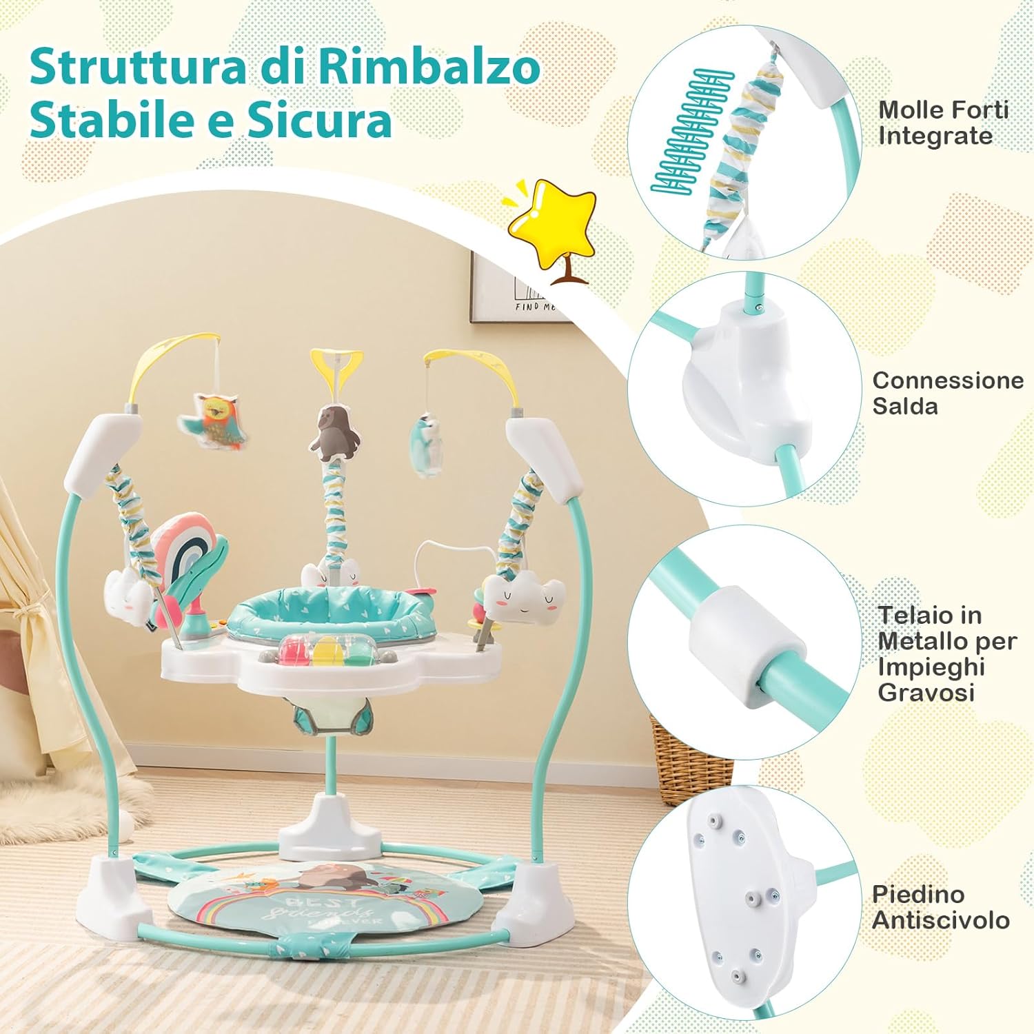 Jumperoo per Bambini, Centro attività Saltella con Altezza Regolabile, Gioco Saltellante con Sedile Girevole a 360°, Saltarello per Neonati con Luci e Suoni per Bambini 6+ Mesi (Blu)
