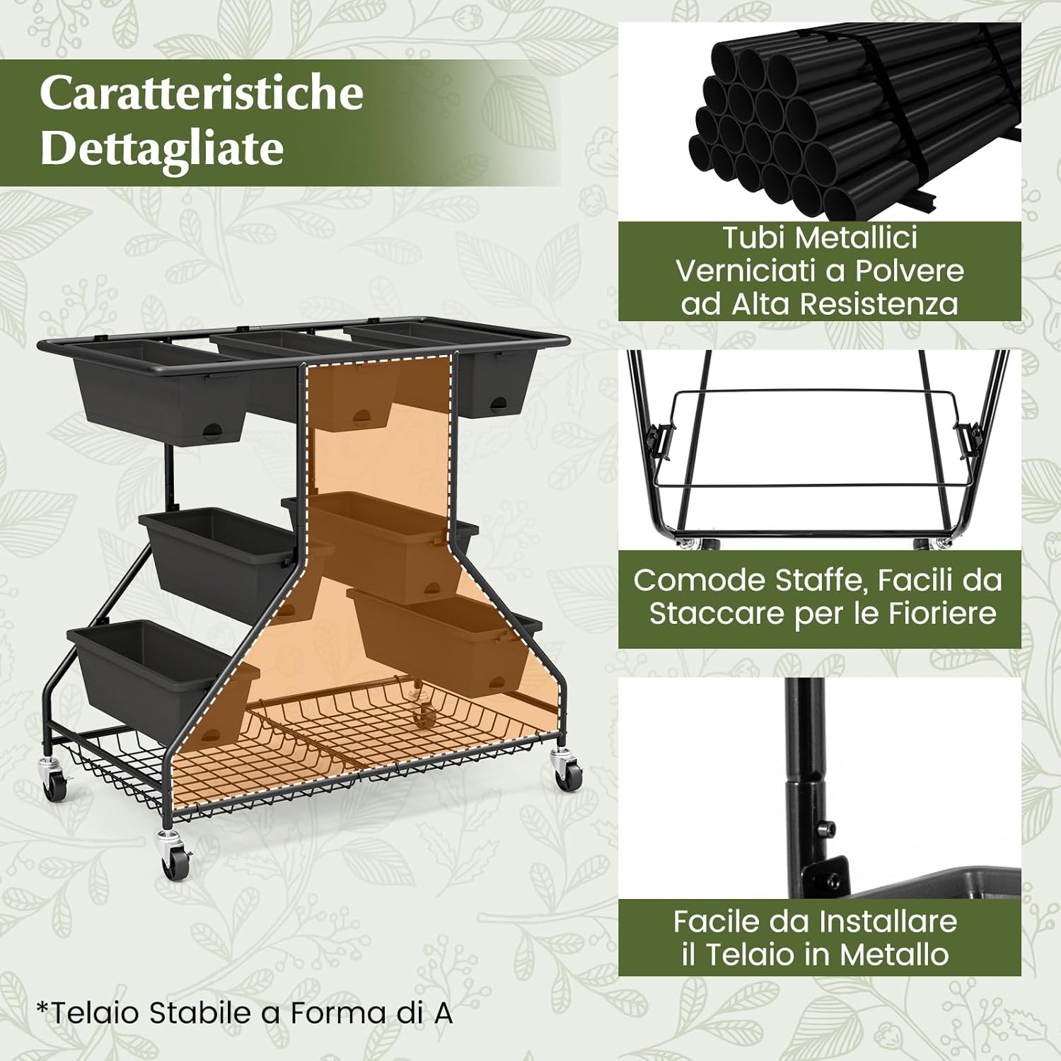 Letto da Giardino Verticale Sollevato con 7 Vasi, Cestini di Stoccaggio, Fori di Drenaggio e 4 Ruote Bloccabili, Scaffale Portafiori da Esterno ed Interno, Piantatore Elevato a 3 Livelli per O