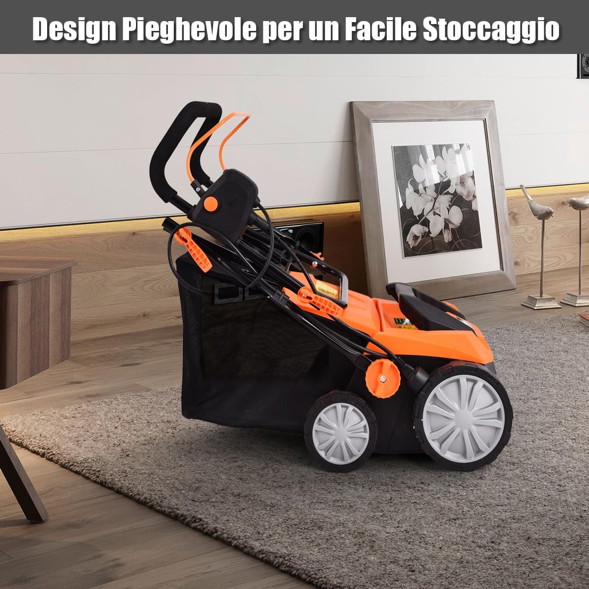 Scarificatore 2 in-1 per Prato, Arieggiatore Elettrico con Sacco Raccoglitore da 45L, Larghezza 38cm, con 3 Posizioni Regolabili, Scarificatore 1800W per Giardino Cortile (38 cm, Arancione)