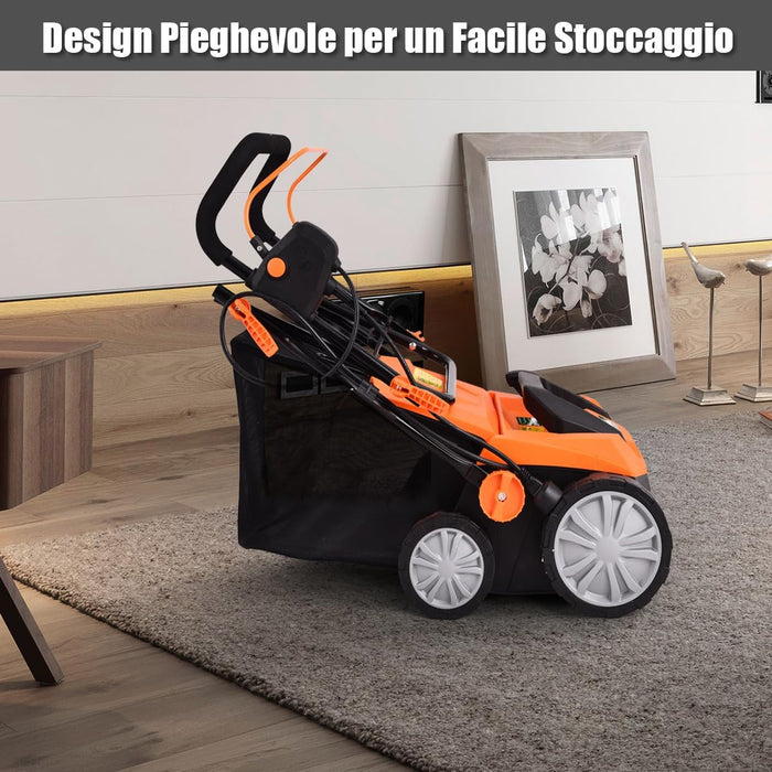 Scarificatore 2 in-1 per Prato, Arieggiatore Elettrico con Sacco Raccoglitore da 45L, Larghezza 38cm, con 3 Posizioni Regolabili, Scarificatore 1800W per Giardino Cortile (38 cm, Arancione)