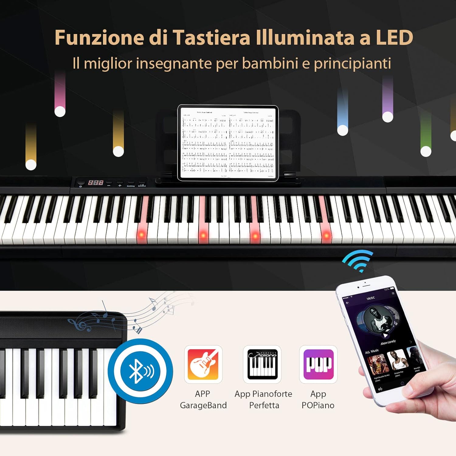 Pianoforte Digitale con 88 Tasti, Tastiera Elettronica con Borsa, Pedale di Risonanza, Caricabatterie, Cavo USB, Connessione Bluetooth, Ideale per Bambini e Adulti