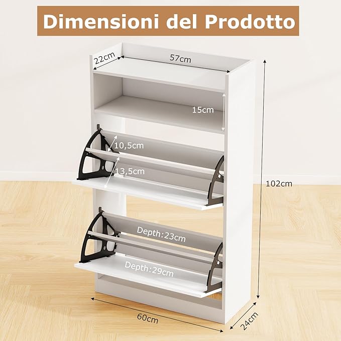 Scarpiera Slim in Legno, Portascarpe a 4 Livelli con 2 Cassetti a Ribalta, con Ripiano Aperto, Mobile Porta Scarpe per Ingresso Corridoio, 60x24x102 cm (Bianco)