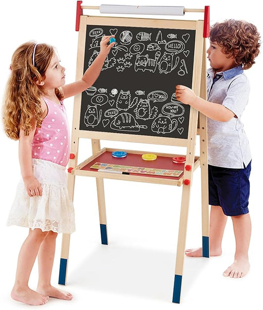 Cavalletto per Bambini 3 in 1, Lavagna Bifacciale, Cavalletto per Disegnare, con Rotolo di Carta, Lavagna Bianca Magnetica, Accessori Completi, in Legno (60x55x(112,5-124,5) cm)