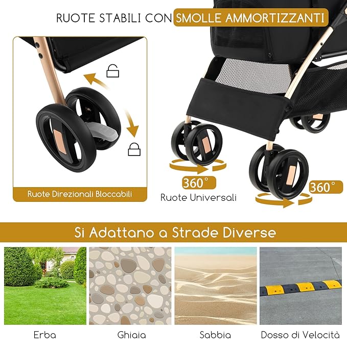 Passeggino per Cani Pieghevole 3 in 1, Carrello per Animali Domestici con Tettuccio Regolabile e Cesto, Trasportino a 4 Ruote per Cani di Piccola e Media Taglia (Nero)