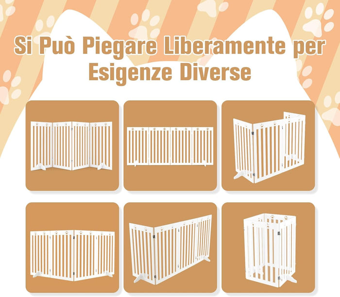 Cancelletto per Cani di Legno Pieghevole, con 3/4 Ante e Cuscinetti Antiscivolo, Ideale per Scale e Porta d'Ingresso, 203 x 89,5 cm (Bianco, 4 Pannelli)
