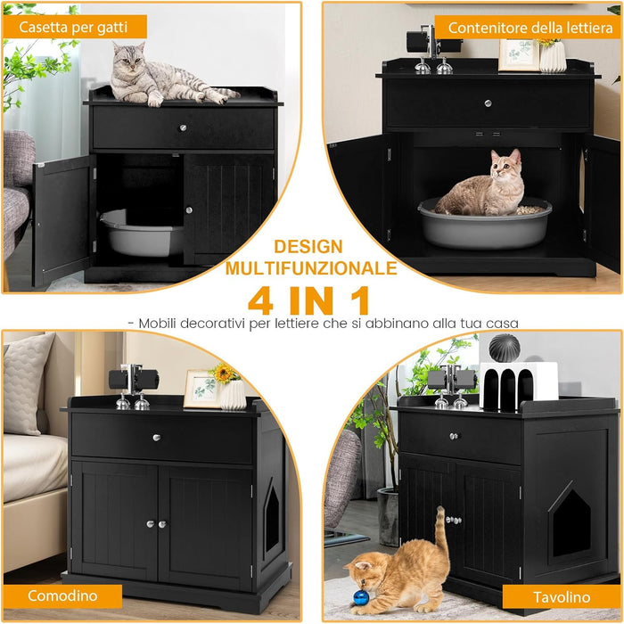 Mobile per Lettiera Gatti in Legno, con Portaoggetti, 2 Ante, Cassetto e Ingresso Laterale, Mobiletto Multiuso per Ingresso e Soggiorno, 76 x 53 x 74 cm, Carico Massimo 30 kg (nero)