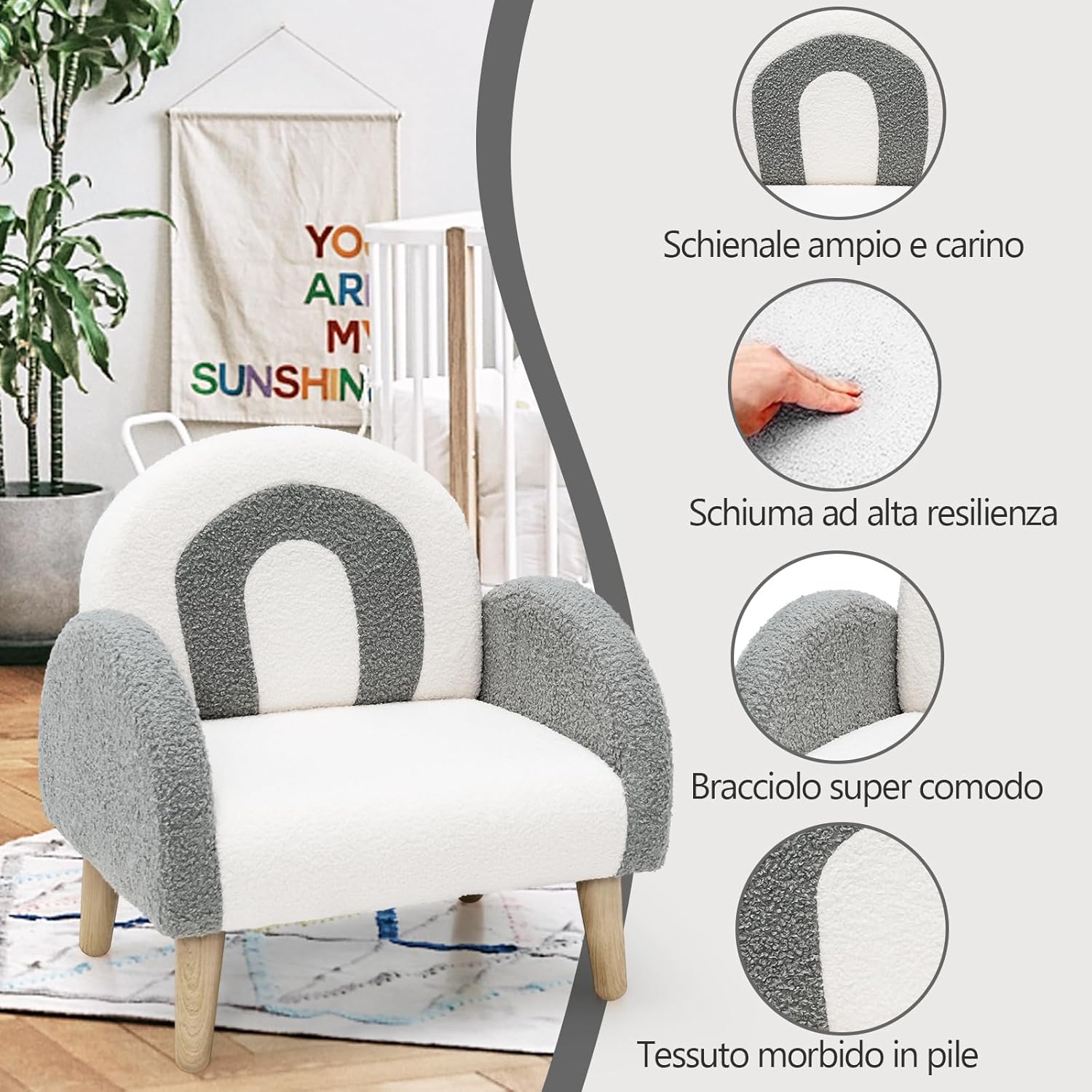 Divano Sedia per Bambini con Tessuto Morbido, Sedia Imbottita con Schiuma ad Alta Elasticità Gambe in Legno Massiccio, Adatta per Asilo Sala, Giochi Camera (grigio)