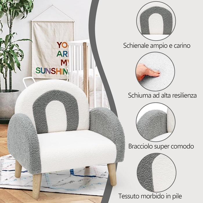 Divano Sedia per Bambini con Tessuto Morbido, Sedia Imbottita con Schiuma ad Alta Elasticità Gambe in Legno Massiccio, Adatta per Asilo Sala, Giochi Camera (grigio)