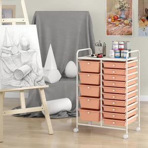 Carrello con 15 Cassetti Impilabili, Carrello di Stoccaggio con Ruote, Carello Portaoggetti per Casa e Ufficio, 62,5 x 37 x 87 cm (Arancia)