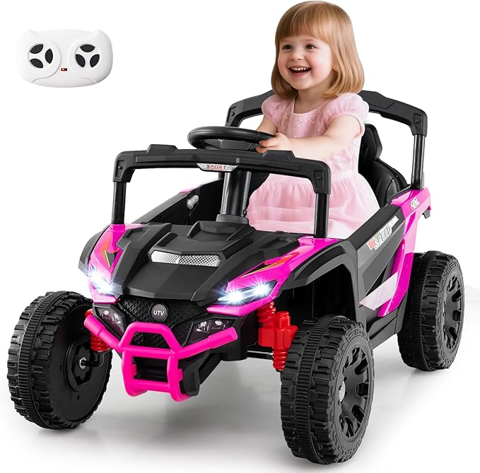 12V Macchina Elettrcia per Bambini, UTV Auto Elettrica con Telecomando, 3 Velocità, Luci LED, Musica, Clacson e Sospensioni a Molla, 3-5 km/h, Ideale per Bambini 3 Anni+ (Rosa)