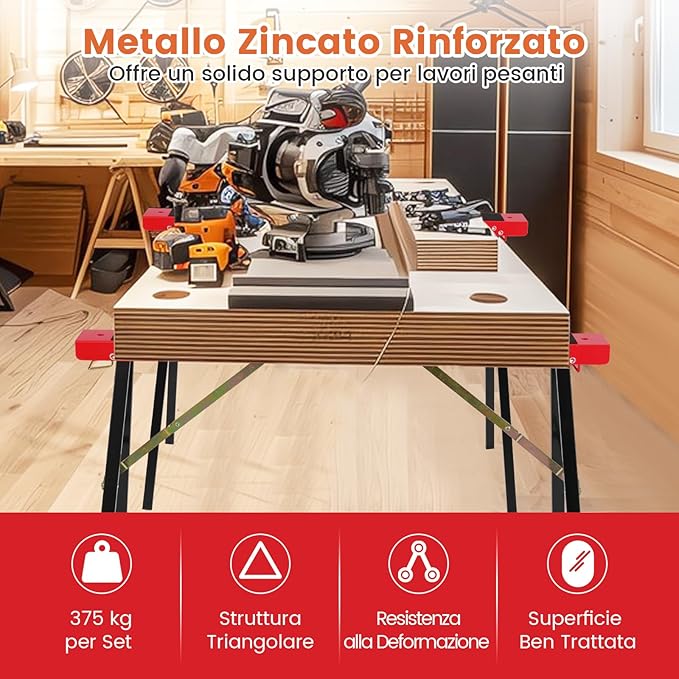 Set di 2 Cavalletti da Lavoro Pieghevoli, Cavalletto per Segare la Legna con Superficie Antiscivolo, Rinforzo a Cerniera e Maniglia, Carico Fino a 375 kg