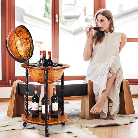Mappamondo Bar con Ruote Mobile Porta Liquori, con Stile retrò, 88 x 45 x 45cm (Marrone 47 x 47 x 90 cm)