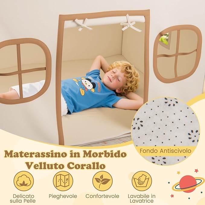 Tenda da Gioco per Bambini, con Tenda Porta e Finestre, Luci a Stella, Tappetino Antiscivolo, Casetta per Bambini e Bambine 3-10 Anni, 120 x 101 x 143 cm (Marrone)