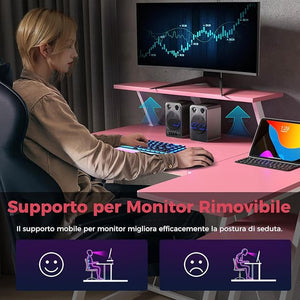 Scrivania Angolare Salvaspazio, Scrivania da Gaming con Prese, Porte USB, Ripiano per Monitor, Gancio per Cuffie, Ripiano e Supporto per CPU, Scrivania ad Angolo per Casa e Ufficio (Rosa)